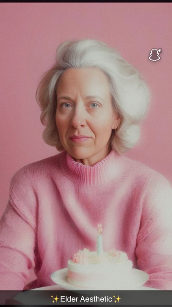 Portrait of an elder woman with white curled hair against a soft pink background. She wears a matching pink turtleneck sweater that hangs loosely on her frame. On the table in front of her sits a small white cake with pink decorations and one lit candle. She looks at her audience with a pleasant, neutral expression

At the bottom of the photo are the words Elder Aesthetic surrounded by sparkles 

Snapchat logo can be seen on the right side of image
