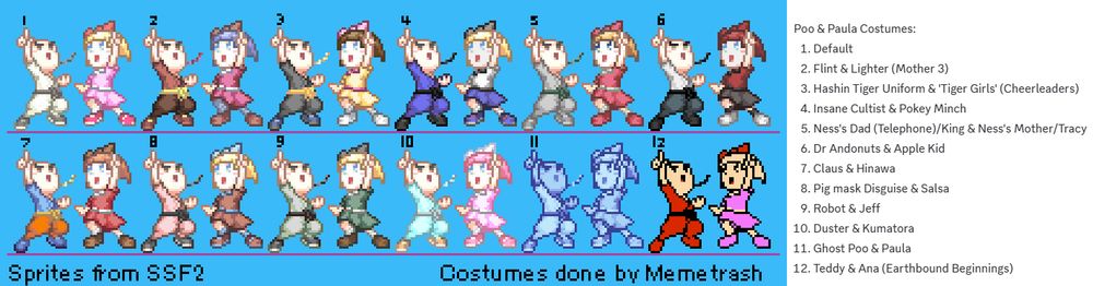 Poo’s and Paula’s twelfth different costumes in Super Smash Flash 2, as a fanmade (except 10, 11, and 12 that exists in the game). Made by Memetrash in Discord.
