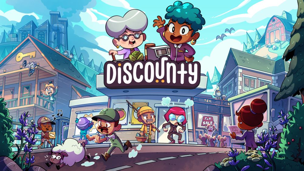 Discounty key art showing a lively town scene in front of the discounty store.