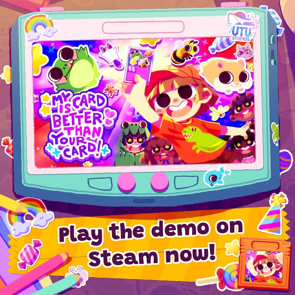 very cute and brightly colourful key art for indie game "My Card Is Better Than Your Card". Shows young kids all looking impressed with a trading card. Below the art it reads "Play the demo on Stream now!"