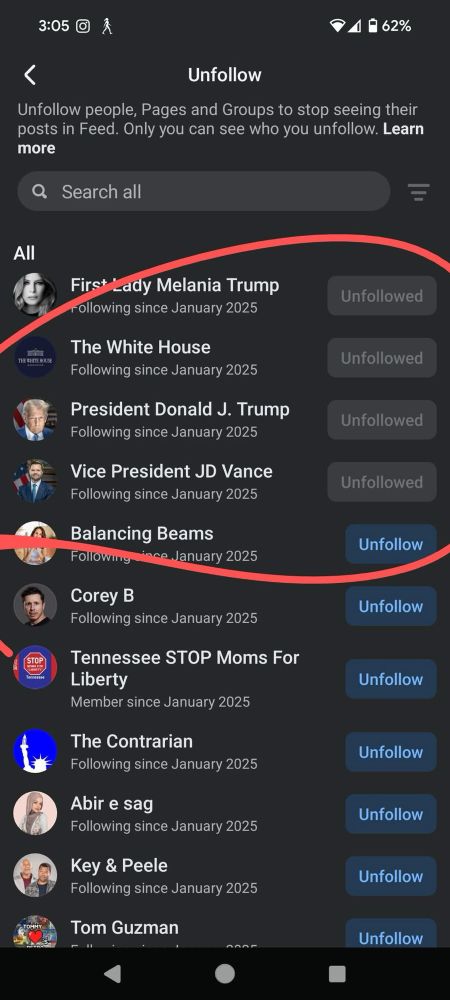 Screencap of settings for Meta. Click Content Preferences, then Unfollow. Then select the individual accounts you want to unfollow.