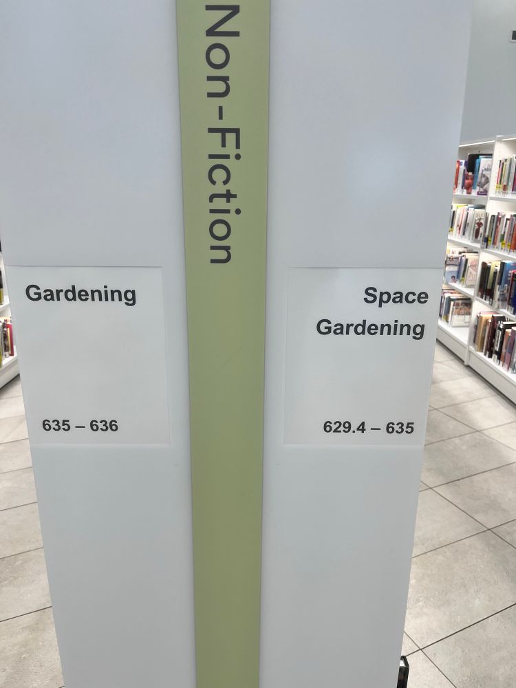 Calgary library shelf labelled Space Gardening. 
