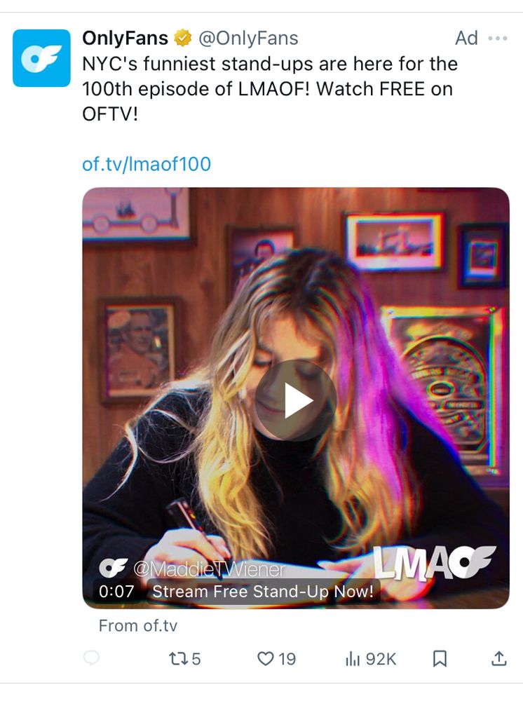 OnlyFans ad on Twitter
@OnlyFans
NYC's funniest stand-ups are here for the 100th episode of LMAOF! Watch FREE on OFTV!