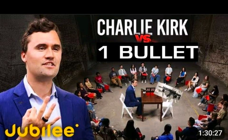 Fake Jubilee thumbnail of Charlie Kirk on a debate. Title reads: Charlie Kirk vs 1 bullet
