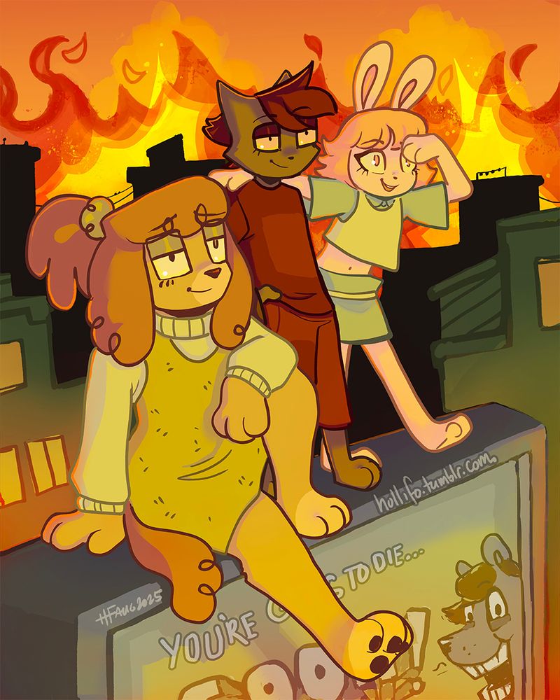 3 characters from the Wastelandia pilot on top of a billboard in the middle of a city on fire. An anthropomorphic dog sits with her leg dangling over the billboard. An anthropomorphic cat stands nonchalantly with their hands in their pockets. An anthropomorphic rabbit, with her arm around the cat, excitedly gazes outward. 