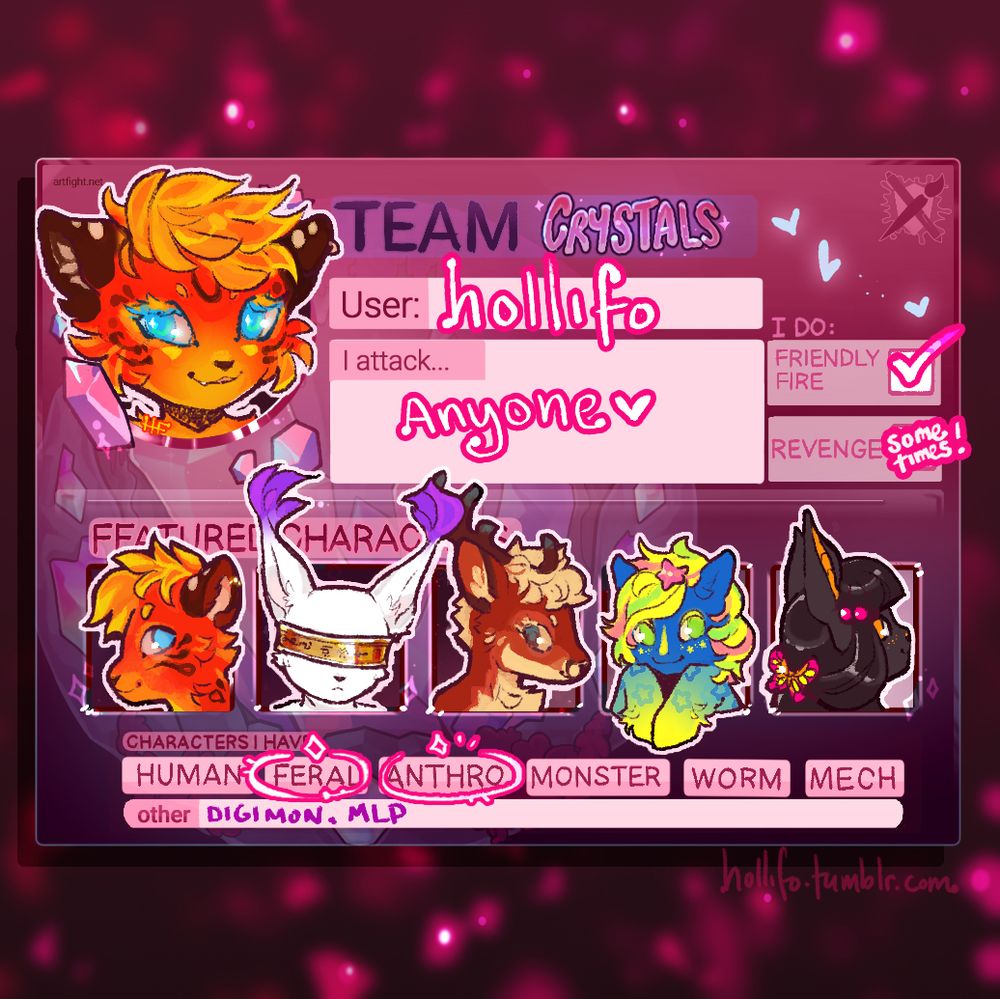 An Art Fight card featuring furry characters on a glowy pink and black background.