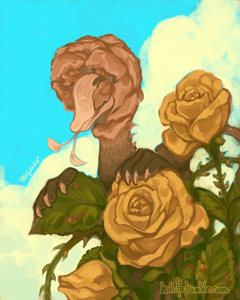 A plant monster, resembling a flower, camouflaged amongst roses and thorns. The background is a blue sky with large, white cumulus clouds. 