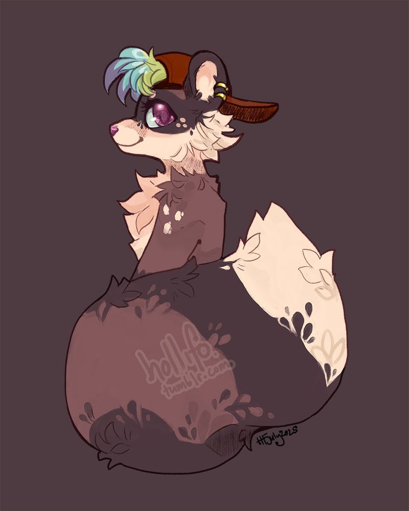 A brown and cream raccoon furry. They are wearing a backwards baseball cap, with their colorful hair poking through the hole. Their fluffy tail is wrapped around them. The background is brown.