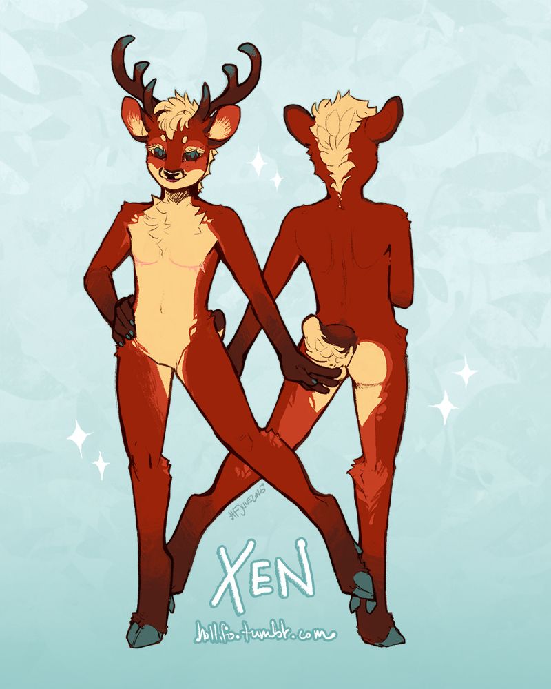 Reference sheet depicting the front and back designs of a deer furry character. The name "Xen" runs along the bottom. 