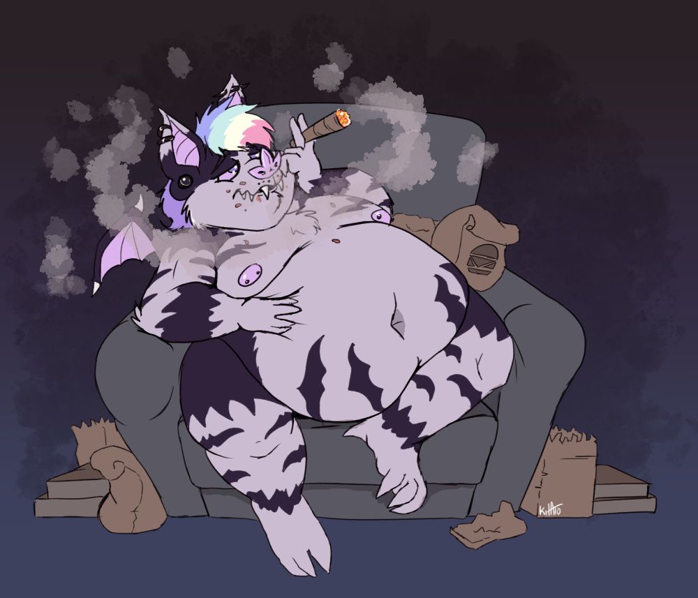 A fat bat with rainbow hair smoking a fat cone.