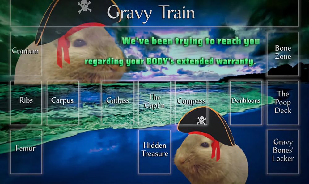 Funny Gravy Bones playmat with jokes such as
"We've been trying to reach you regarding your BODY's extended warranty."
and zone labels such as "The Poop Deck" and "Bone Zone"