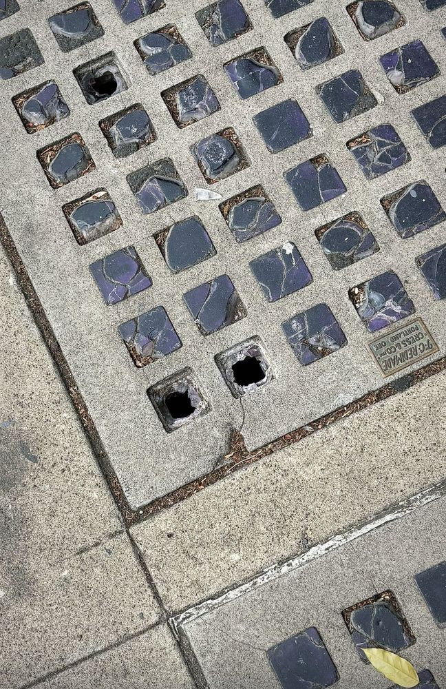 Sidewalk with small purple glass squares in it that let sun into the tunnels but three of them are broken so it’s open air skylight basically. 
