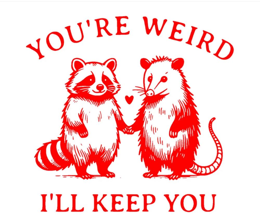 A raccoon and possum are holding hands and there is a red heart above the hands. The animals are drawn in red. The text surrounding them says “you’re weird I’ll keep you” 
