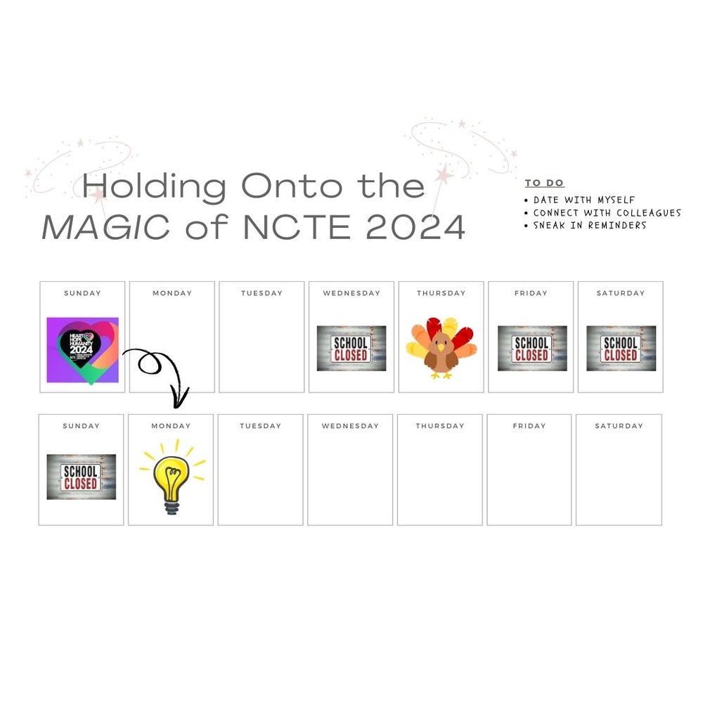 A late November calendar on a white background with gray writing shows the time between the NCTE24 annual convention and the author's first day back to school.