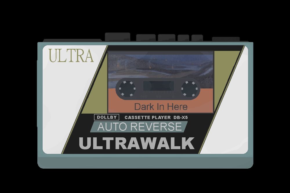 "Ultrawalk" cassette player with a really badly made dark in here cassette