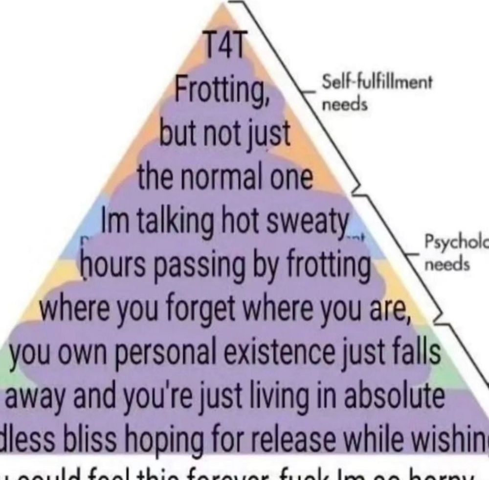 Triangle of needs saying "T4T Frotting but not just the normal one. Im talking hot sweaty hours passing by frotting where you forget where you are, you own personal experince just falls away and you're living in absolute endless bliss hoping for reealse while wishing you could feel this forever, fuck im so horny."