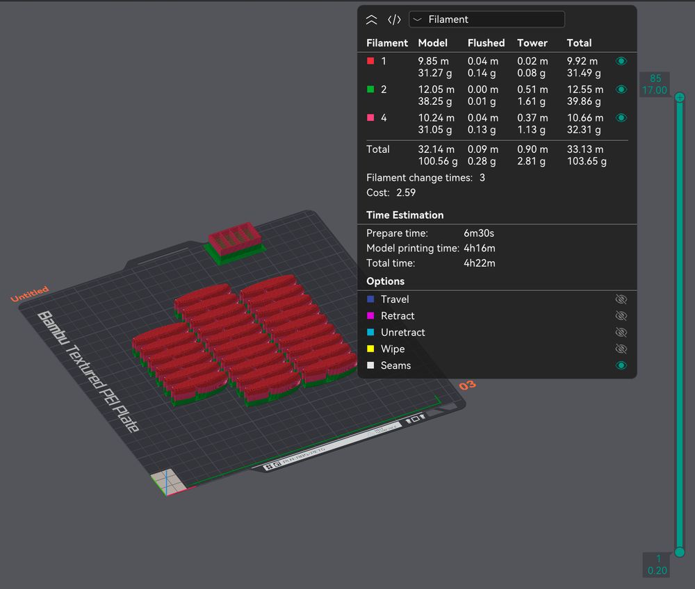 Alt text for 3D printer slicer interface: Cura software preview of a multi-filament 3D print job, displaying a detailed grid layout of rectangular red and green objects positioned on a dark gridded print bed. The right-side panel provides comprehensive technical metrics including filament usage across three filaments (labeled 1, 2, and 4), with precise measurements: total filament length of 32.14 meters, total weight of 100.56 grams, with three filament change events. Time estimation shows 6 minutes 30 seconds preparation time, 4 hours 16 minutes model printing time, resulting in a total print duration of 4 hours 22 minutes. The visualization includes layer-by-layer print preview with color-coded segments indicating different print parameters such as travel paths, retractions, and seam locations.