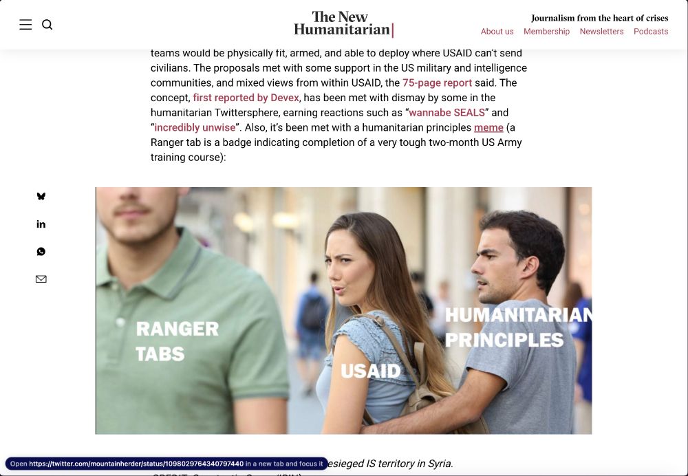 Alt text: Meme-style image adapted from the "Distracted Boyfriend" meme, reinterpreted as a commentary on humanitarian principles. A woman named 'USAID' looks at a man named 'Ranger Tabs' while a man named 'Humanitarian Principles" looks on in an offended fashion. The image accompanies an article in The New Humanitarian discussing a proposal for armed two-person "Rapid Expeditionary Development" teams.