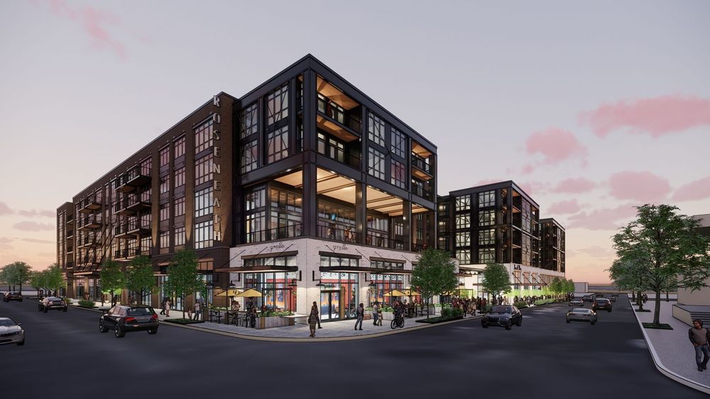 Twilight rendering of a modern multi-story urban residential complex called Roseneath. The building features dark brick and black-framed glass facades with multiple levels of apartments and ground-floor retail spaces. A corner store with outdoor seating and yellow umbrellas is visible. Trees line the street, and the sky has a soft pink and gray sunset tone. Several cars and pedestrians are depicted, suggesting an active urban environment. The architectural design emphasizes clean lines, large windows, and a mix of industrial and contemporary aesthetic, typical of modern urban infill development.​​​​​​​​​​​​​​​​