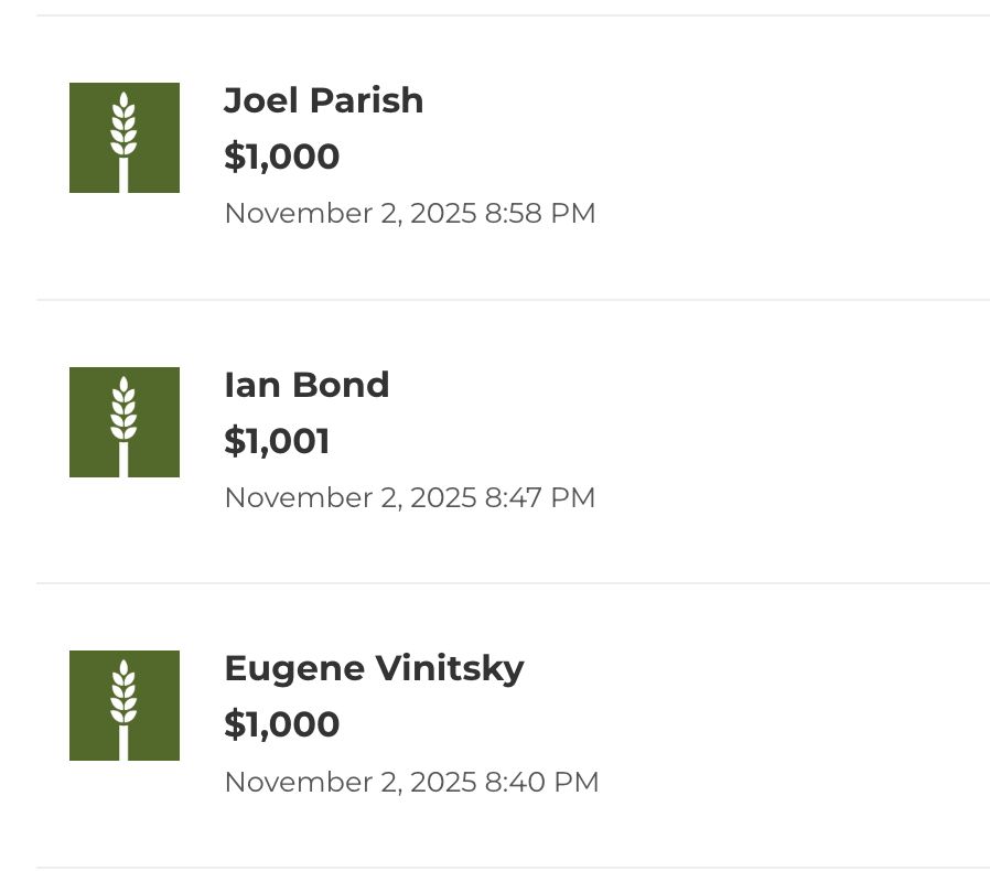 Donation list showing three donors for a fundraising campaign. Joel Parish donated $1,000 on November 2, 2025 at 8:58 PM. Ian Bond donated $1,001 on November 2, 2025 at 8:47 PM. Eugene Vinitsky donated $1,000 on November 2, 2025 at 8:40 PM. Each donor's name is accompanied by a green wheat or grain icon.