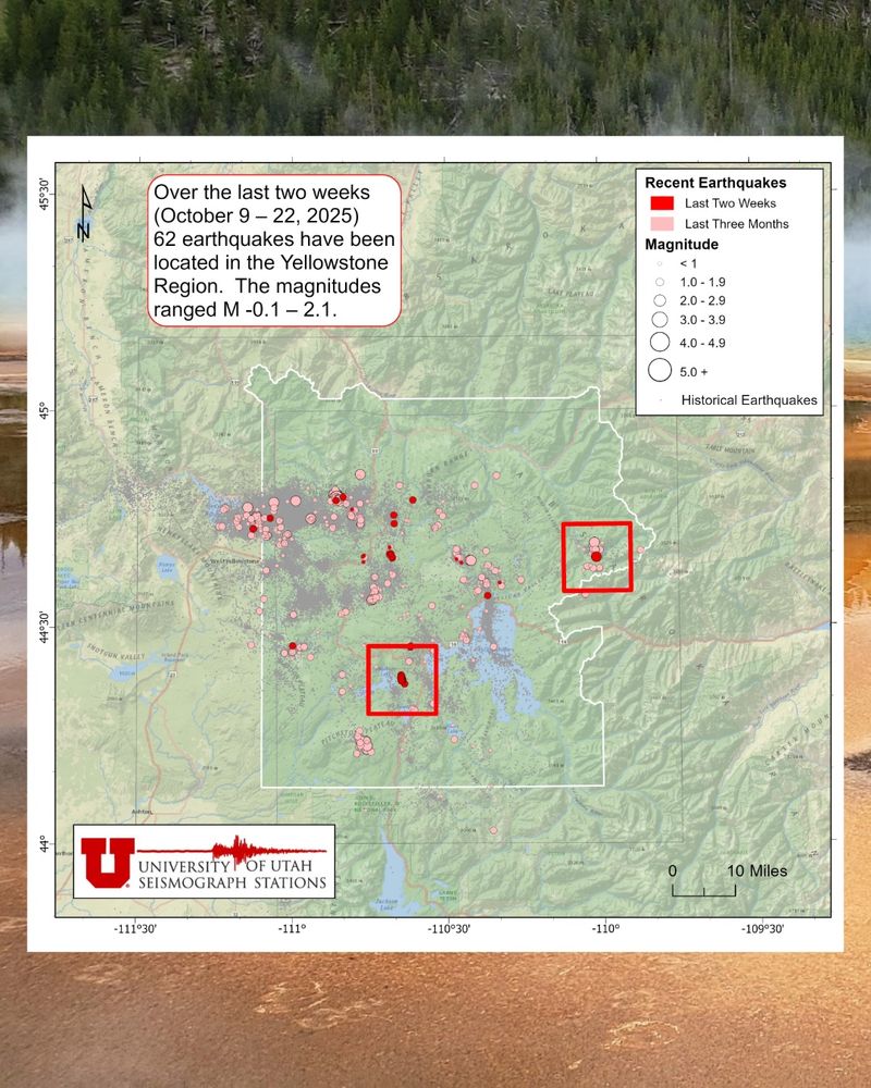 Map of Yellowstone seismicity. Text: Over the last two weeks (Oct. 09 – 22, 2025) 62 earthquakes have been located in the Yellowstone Region. The magnitudes ranged M -0.1 – 2.1.