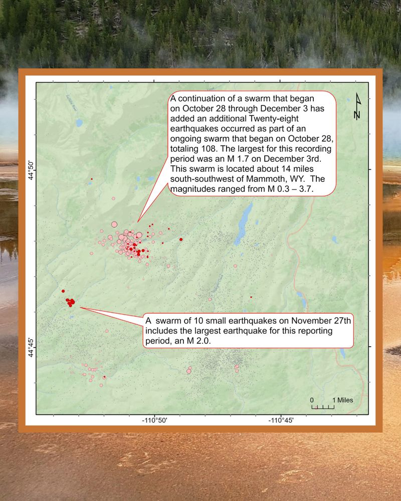 A continuation of a swarm that began on October 28 through December 3 has added an additional Twenty-eight earthquakes occurred as part of an ongoing swarm that began on October 28, totaling 108. The largest for this recording period was an M 1.7 on December 3rd.  This swarm is located about 14 miles south-southwest of Mammoth, WY.  The magnitudes ranged from M 0.3 – 3.7. 