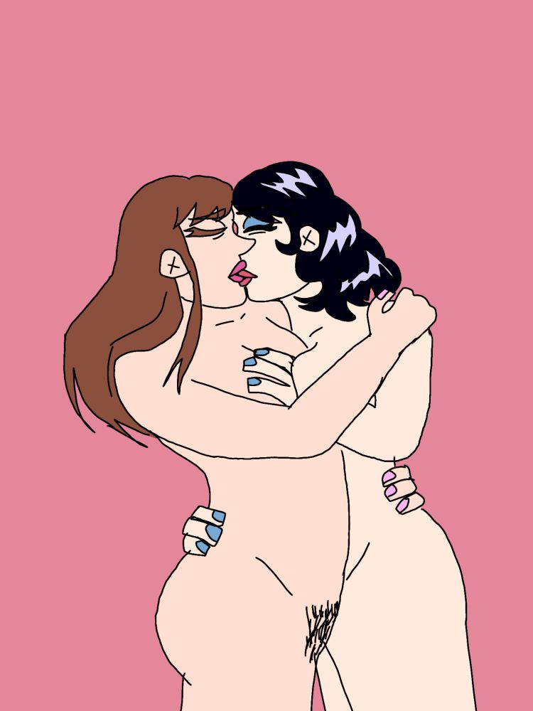 nsfw digital art of lois lane from superman and iris west from the flash kissing passionately. they're entwined with their breasts pressed together and their arms around each other