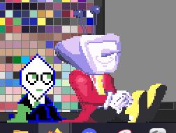 Screenshot of two Shimeji desktop pets, of Battat/Green Pippins and Mr. Tenna from DELTARUNE. They are sitting in front of a Clip Studio Paint window. Battat sits on the left, looking up at Tenna who is sitting rather politely.