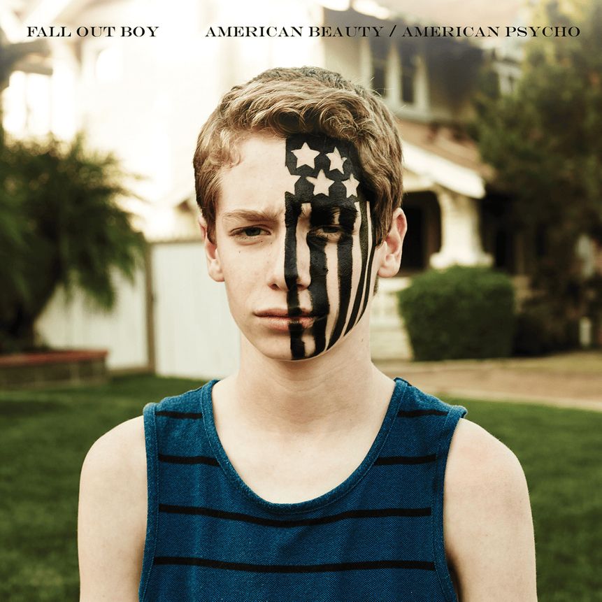 Cover of Fall Out Boy's "American Beauty/American Psycho". A photograph of the bust of a young boy in a blue and black striped tank top, with short hair and the American flag painted in black face paint on the right side of his face. Behind him is a large white house, with trees, bushes, and a yard. Text at the top says "FALL OUT BOY" and "AMERICAN BEAUTY / AMERICAN PSYCHO".