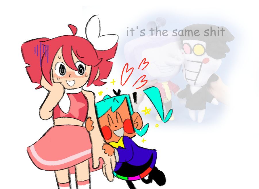 A sketch of Kasane Teto and Hatsune Miku, as they are featured in FLAVOR FOLEY's "Spoken For" and "Static", respectively. Miku is holding Teto's left arm and nuzzling her face on it, hearts and stars around her. Teto is visibly flustered and nervous. In the background is a faded image of the official DELTARUNE Tenna and Spamton plushes, where their noses are twisted together. Overlayed on top of the image is text in Comic Sans MS that says "it's the same shit".