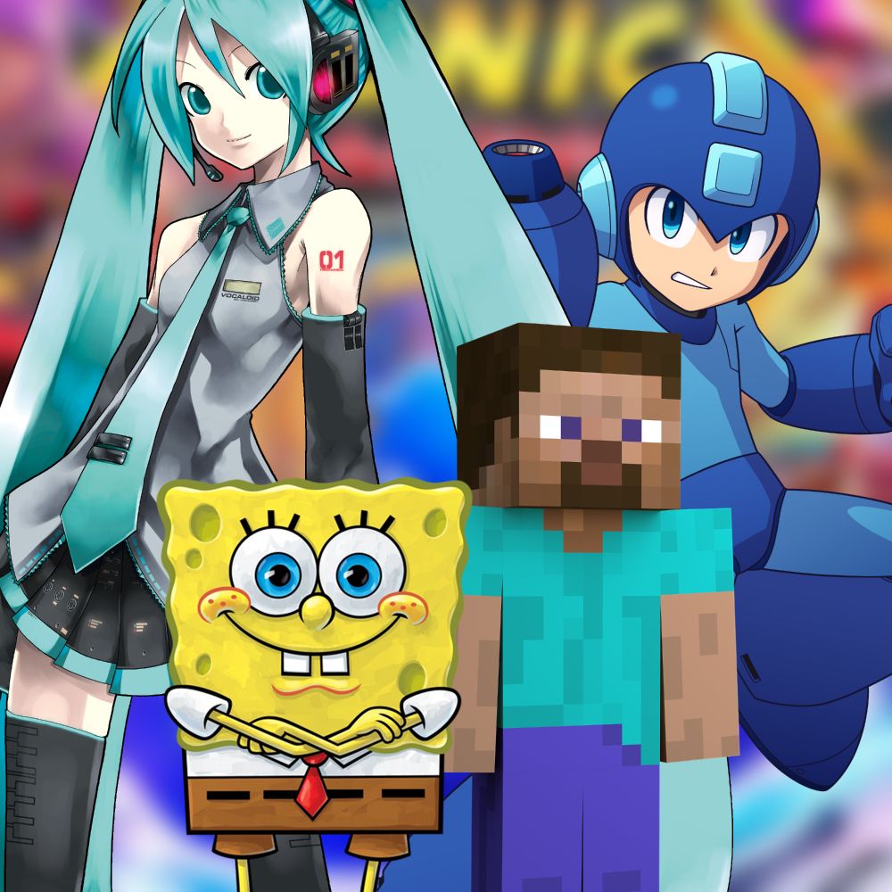 PNGs of Hatsune Miku, Mega Man, Spongebob Squarepants (specifically the render of him crossing his arms) and Steve from Minecraft put in front of the (blurred) title screen for Sonic Racing Crossworlds.