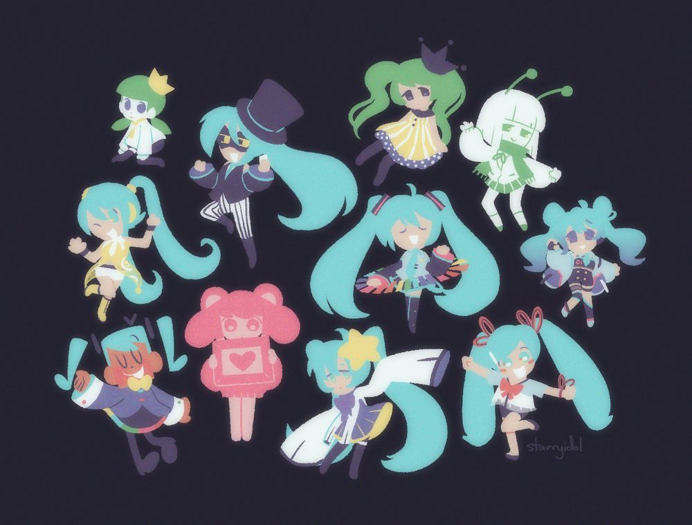 Doodles of eleven different variations/designs of Hatsune Miku - from left to right, top to bottom: Ai Think So by DECO*27, Joker by turnAstudio, diamrem by Waka, Comet Honeymoon by Nayutalien, Yellow by kz, Melt by ryo, A Thousand Little Voices by Flanger Moose and Vault Kid, Static by FLAVOR FOLEY, Melty Land Nightmare by Harumaki Gohan, Meteor by John, and Sekiranun Graffiti by ryo.