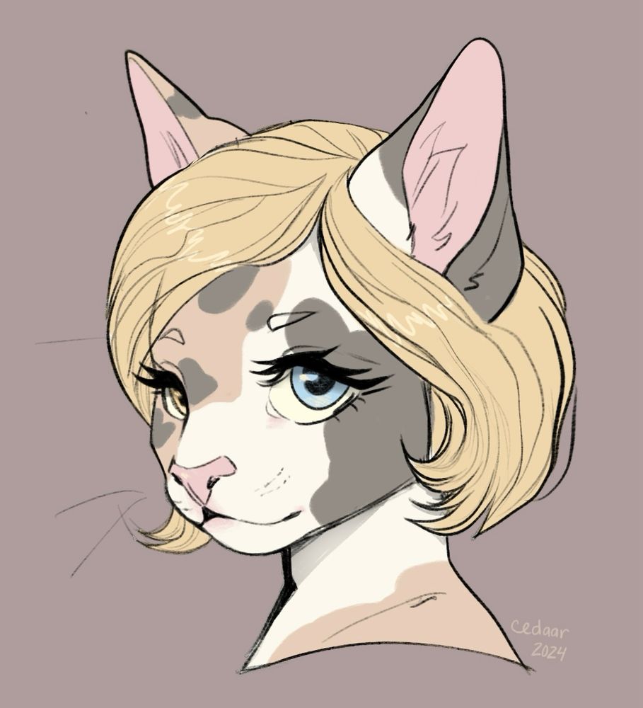 headshot of a calico feline oc with a blonde bob cut.  furry art / fursona / anthro 