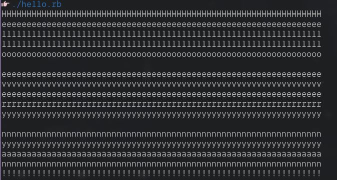 Terminal code of a ruby application that screams HELLOOOO EVERY NYAN!