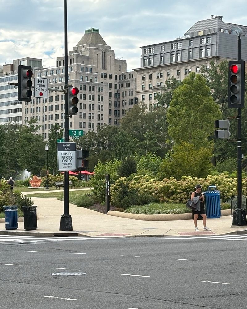 The corner of 13th and I Streets NW, where the beautifully landscaped Franklin Park blooms. 