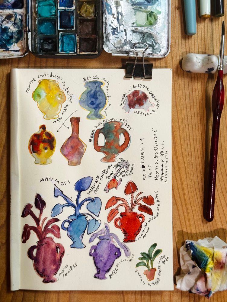 いろんなペンで試してみた水彩ノート
ユニボールワン、万年筆、水性カラーペンなど