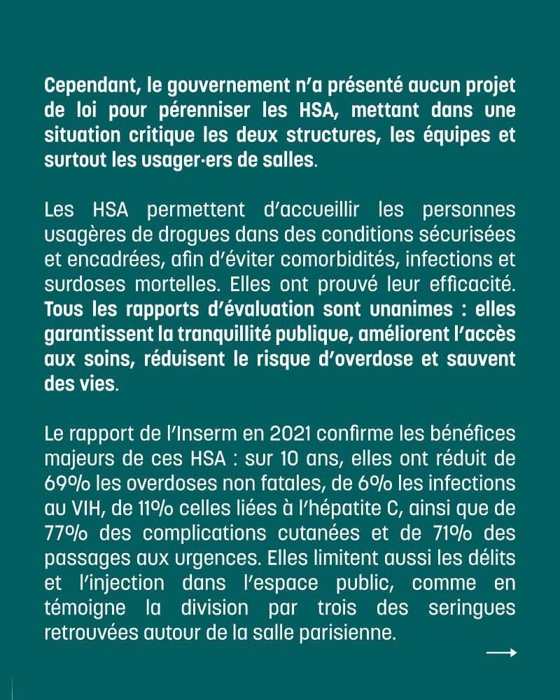Cependant, le gouvernement n’a présenté aucun projet de loi pour pérenniser les HSA, mettant dans une situation critique les deux structures, les équipes et surtout les usager·ers de salles. Les HSA permettent d’accueillir les personnes usagères de drogues dans des conditions sécurisées et encadrées, afin d’éviter comorbidités, infections et surdoses mortelles. Elles ont prouvé leur efficacité. Tous les rapports d’évaluation sont unanimes : elles garantissent la tranquillité publique, améliorent l’accès aux soins, réduisent le risque d’overdose et sauvent des vies. 

Le rapport de l’Inserm en 2021 confirme les bénéfices majeurs de ces HSA : sur 10 ans, elles ont réduit de 69% les overdoses non fatales, de 6% les infections au VIH, de 11% celles liées à l’hépatite C, ainsi que de 77% des complications cutanées et de 71% des passages aux urgences. Elles limitent aussi les délits et l’injection dans l’espace public, comme en témoigne la division par trois des seringues retrouvées autour de la salle parisienne. 