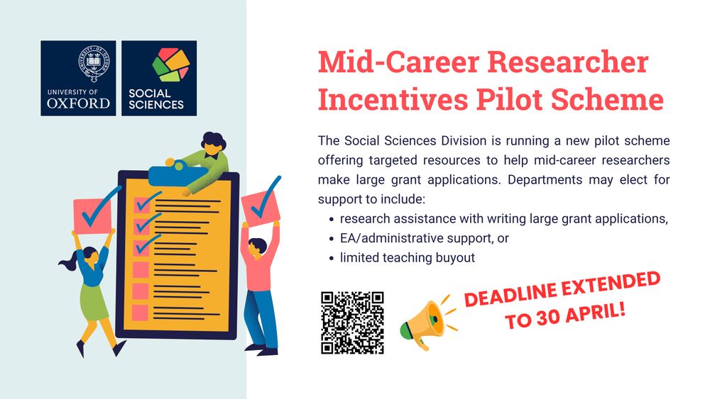 Mid-Career Researcher Incentives Pilot Scheme: The Social Sciences Division is running a new pilot scheme offering targeted resources to help mid-career researchers make large grant applications. Departments may elect for support to include:
research assistance with writing large grant applications,
EA/administrative support, or
limited teaching buyout
Deadline extended to 30 April!