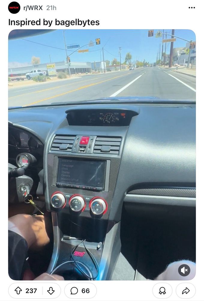 Reddit screenshot showing some guy launching his WRX (STI) with a subject that reads “Inspired by bagelbytes”
