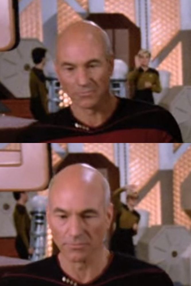 Two-Panel shot of Star Trek: The Next Generation where Denise Crosby waves at the camera goodbye behind Picard. 