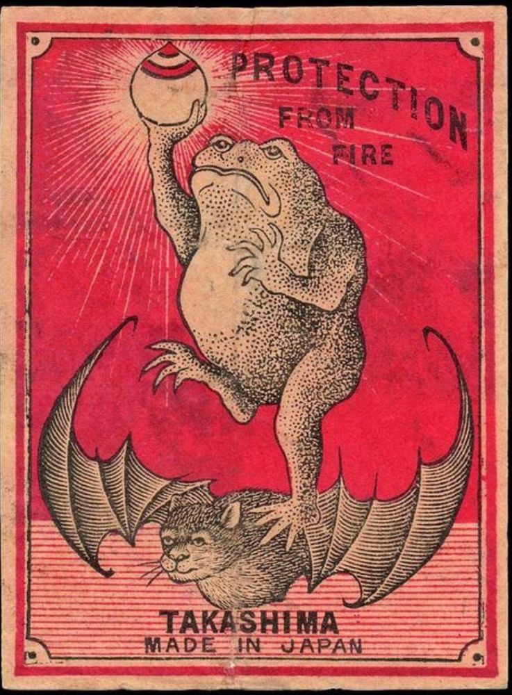 A toad stands on a bat, raising a glowing orb above its head, with the words "protection from fire" next to the orb