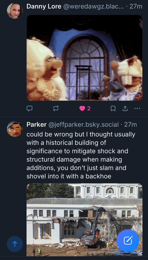 A skeet showing the Muppets dancing in a ballroom during the French Revolution, followed by a skeet about trump demolishing the East Wing the build his ballroom.