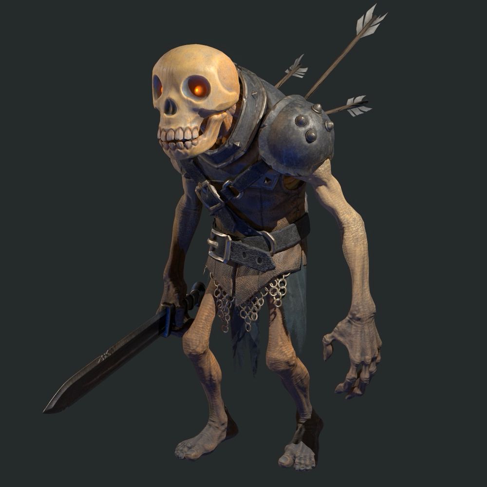A fantasy undead skeleton warrior with arrows in its back crouches menacingly holding a weathered sword 