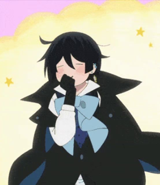 a cartoon character with black hair and a blue bow tie covering his mouth with his hand