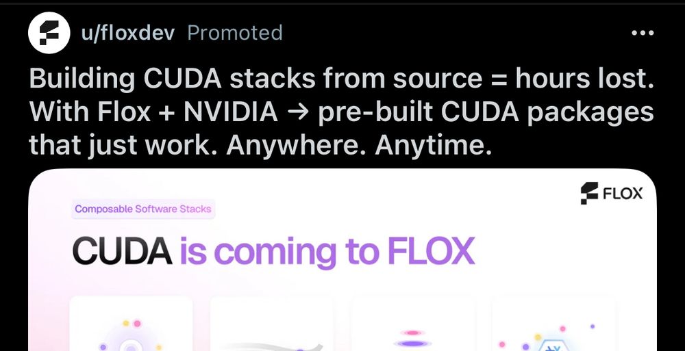a reddit ad for a computing product named “FLOX”, whose included image proudly declares that “CUDA is coming to FLOX”.