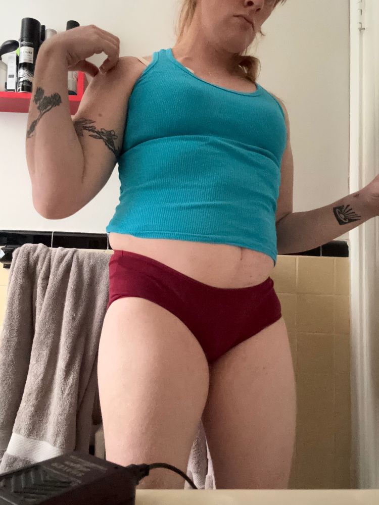 me in a tank top and red panties