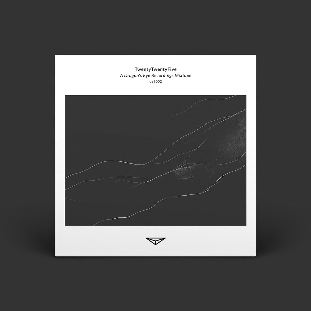 An album cover made to look 3D with a dark slate background and shadows. The cover has a white background and text centered at the top that reads “TwentyTwentyFive, A Dragon's Eye Recordings Mixtape, de9002.” The center has an image of the same slate color with white lines, creases or scratches starting in the upper right and moving across twards the bottom left, some make it to the other side. The bottom feature the triangular Dragon's Eye Recordings logo. 