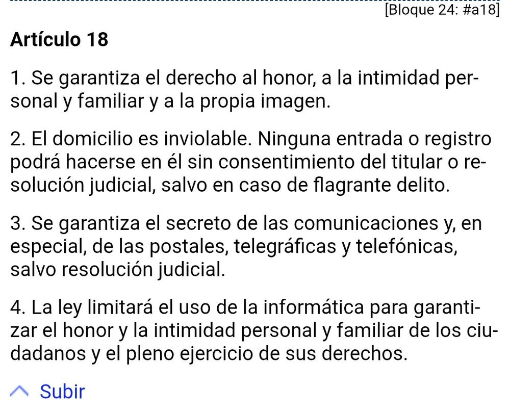 Extracto del artículo 18 de la Constitución española.