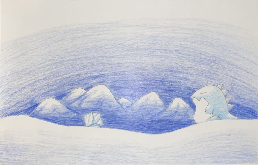 A monochromatic pencil & paper drawing of the Ice Dragon from Kirby's Dream Land 3 sleeping peacefully in an snowy tundra. The white peaks of mountains stand in contrast to the sky, the mountain's bases fading into the same deep blue. A single cube of ice sits across from the dragon.