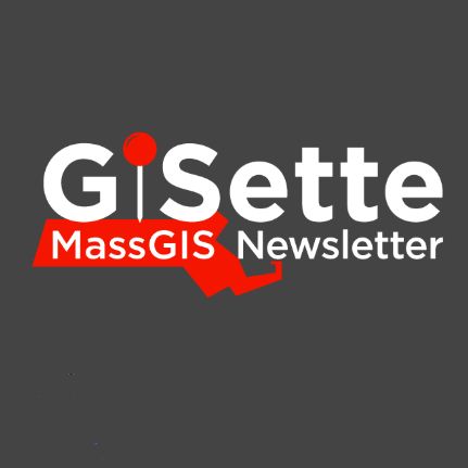 MassGIS GISette newsletter logo - a red Massachusetts shape with a red push pin